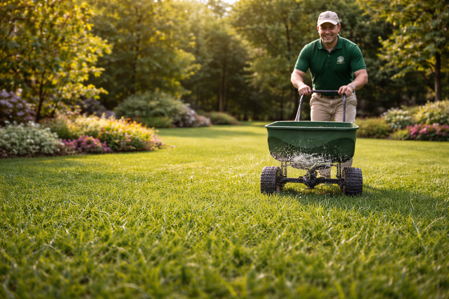 Applying lawn fertilizer to healthy turfgrass in a CSRA residential lawn