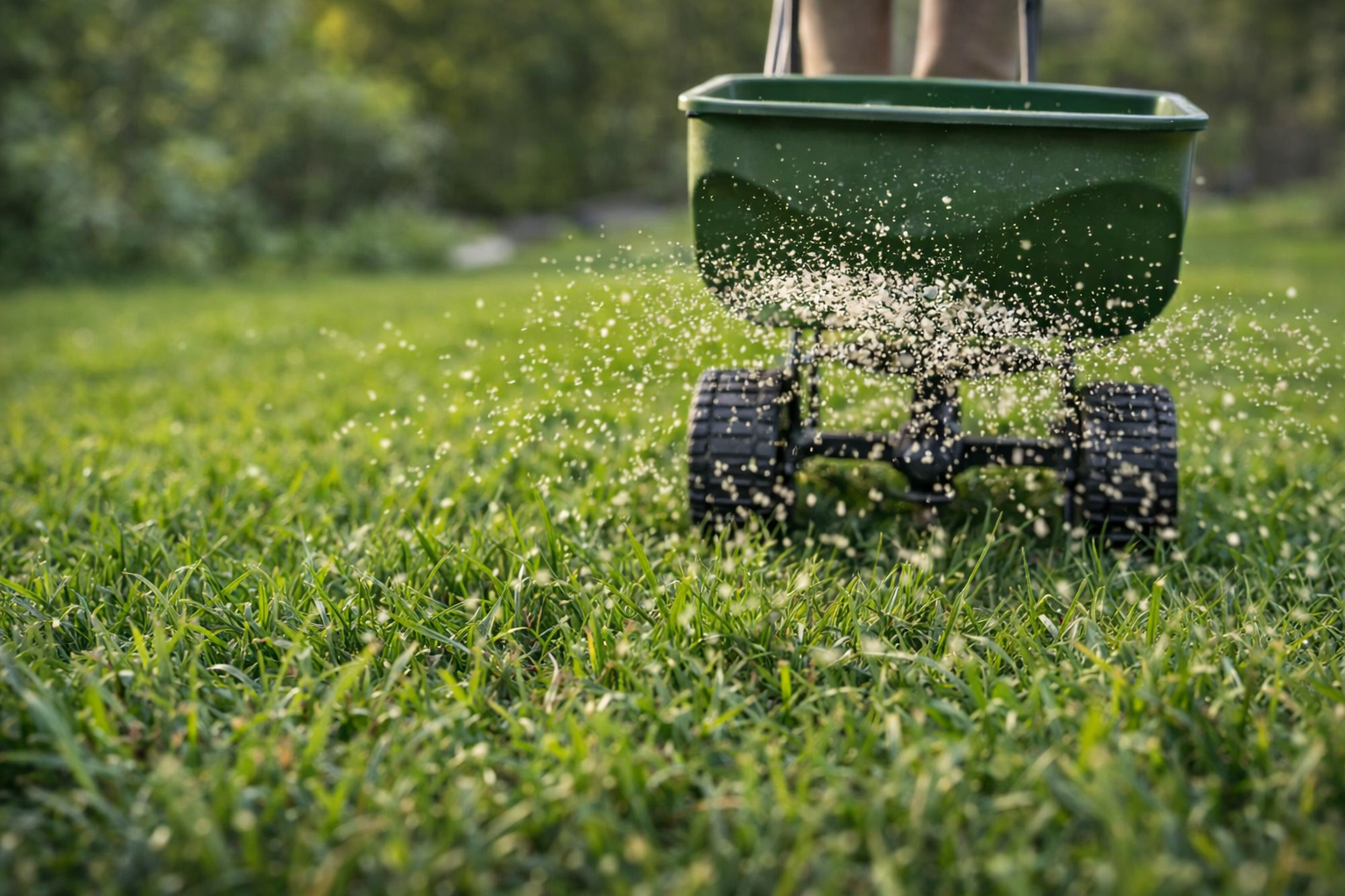 Lawn fertilization using a spreader on healthy grass in a CSRA residential yard