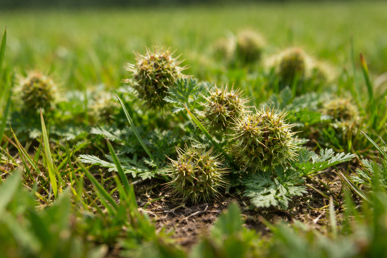 Sticker weed burweed infestation in a CSRA lawn close up